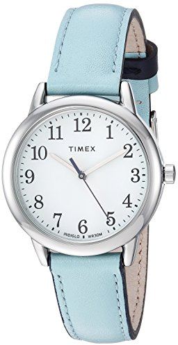 Timex Women's Easy Reader 30mm Watch – Silver-Tone Case White Dial with Light Blue Leather Strap