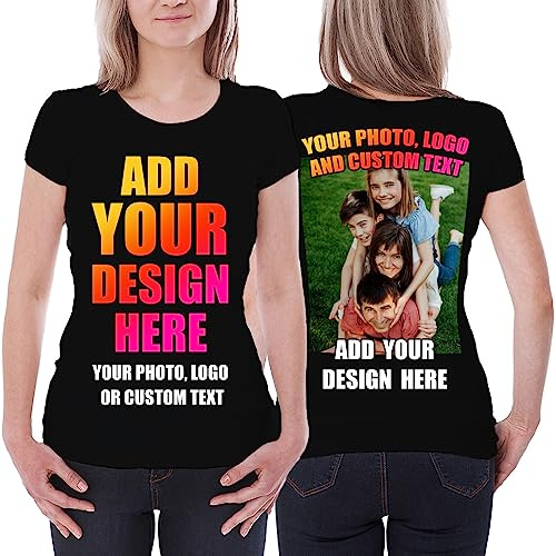 Personlig Dam-T-shirt med eget Foto, Logotyp eller Text, eller Enfärgad T-shirt med Rund hals, Regular fit, Utan tryck (XL Schwarz Flerfärgad)