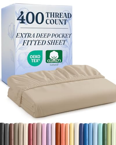 Extra Deep Queen 400 Thread Count Cotton Fitted Sheet - Hotel Luxury Single Fitted Sheet Only - Easily Fits 18 to 24 Mattress - Soft, Wrinkle Free, Breathable and Comfy - Extra Deep Pockets - Cream