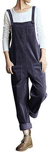 Petalum Salopette Femme Pantalon Bretelle en Velour Côtelé Combinaison Sans Manches Décontracté Ample Jumpsuit de Travail avec Poches pour Printemps