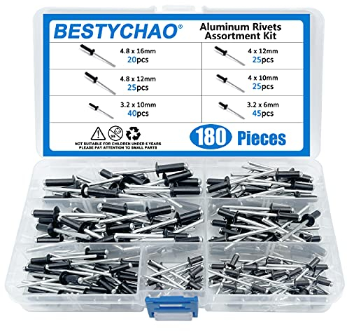 BESTYCHAO 180 pezzi 6 misure rivetti ciechi in alluminio, kit assortimento di rivetti pop (nero)