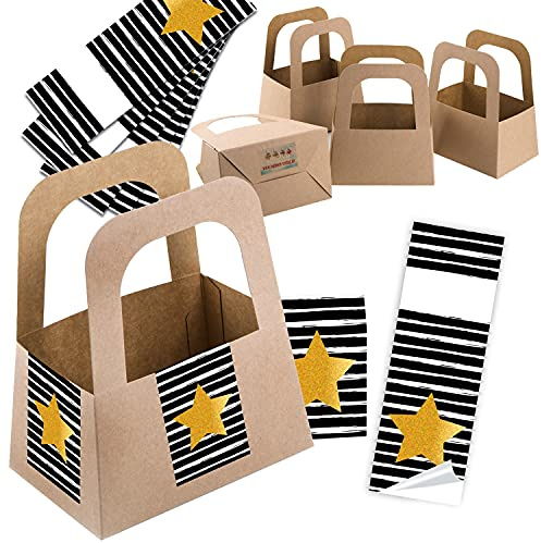 Logbuch-Verlag 5 Körbchen mit Henkel aus Kraftpapier + 10 Aufkleber Stern schwarz gold - Verpackung Geschenke Geburtstag Weihnachten