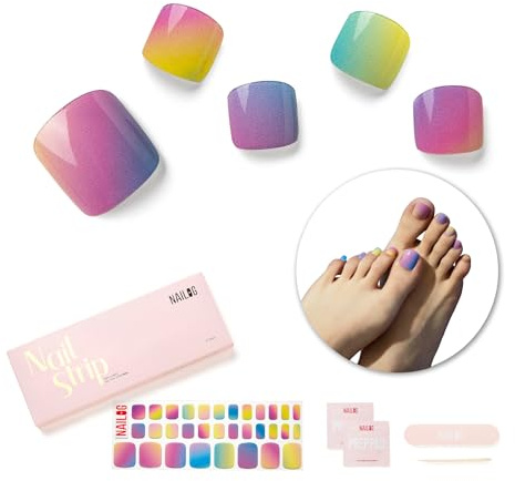 NAILOG Strisce di Gel Semi Polimerizzato, Strisce di Smalto per le Dta dei Piedi con Finitura gel Lucida,32 pezzi Impacco per Unghie a Lunga Durata, Rainbow