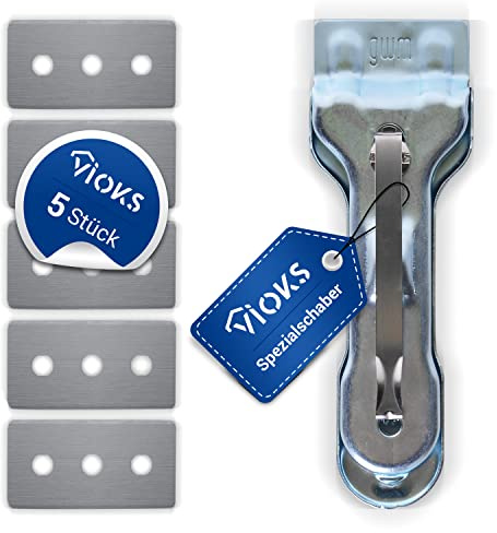 VIOKS Schaber Ceranfeld Edelstahl mit 5 Ersatzklingen Ceranfeldschaber | Glaskeramik Schaber Glasschaber, Scraper Kitchen, mit Ersatzklingen, für Kochfeld Fenster Herd