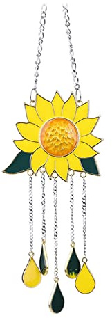 Dripping Sunflower Pendant Wind Chimes, Sunflower Wind Chimes Ornaments, Metal Wind Chimes for Garden, Beautiful Stained Glass Window Hanging Panel Decoration with Chain for Home Garden Decor(Yellow)