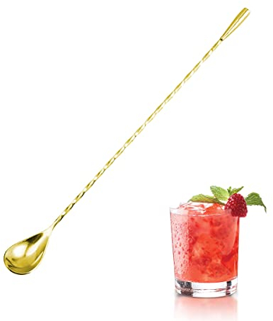 Jagowa 1 Piece Stainless Steel Bar Mixing Spoon 30 CM/12 Inch Spiral Teardrop End Design Long Handle Spoon Cocktail Shaker for Home Bartender Use (Gold)