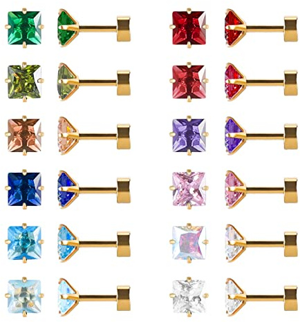 12 Pares de acero inoxidable quirúrgico plana Volver Stud Pendientes, Tornillo Volver Corazón Estrella Cuadrado Lágrima Ronda Chapado en Oro CZ Birthstone Stud Pendientes Set