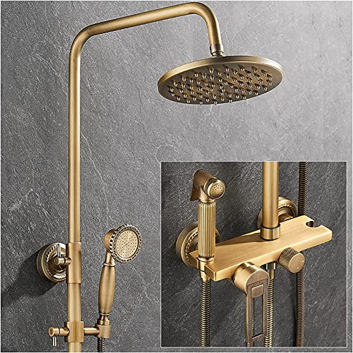 WPHH Duschsystem Antik Messing Badezimmer Duscharmatur Set, Wandmontage Duschsäule Set Mit Höhenverstellbarer Handbrause, 9 Zoll Regenduschkopf, Bidet Dusche, Wanneneinlauf