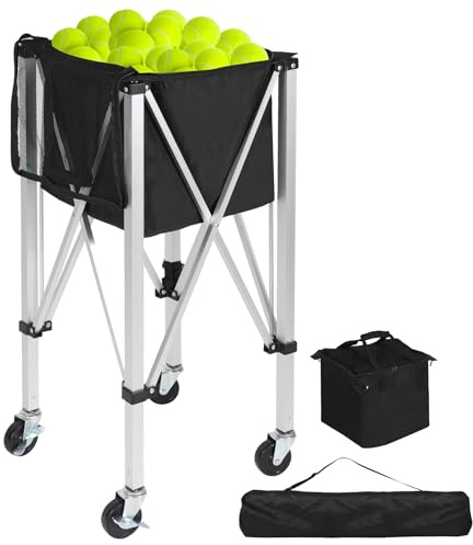 Lineslife Portable Tennis Ball Hopper Holds 180 Balls, Tennis Ball Basket Cart with 4 Wheels & Brakes, Detachable Oxford Fabric Bag for Tennis and Pickleball Training, Black