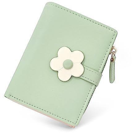SNCCJ Süß Portemonnaie Damen, Bifold Leder Klein Geldbörse Damen mit RFID Schutz, Geldbeutel Mädchen mit Reißverschluss Münzbeutel (Grüne Blumen)