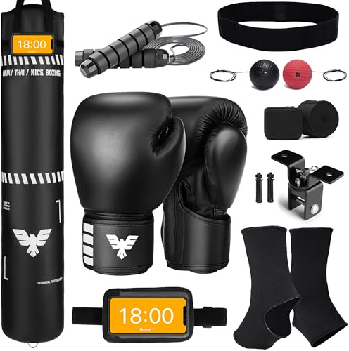 6 Ft Tall Muay Thai Punching Bag Set - Heavy Bag, Training Gloves, Hand Wraps for Kickboxing Heavy Bag, MMA 100 Lbs Bag (Unfilled)