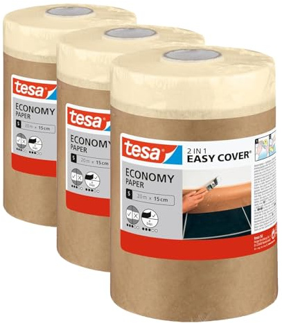 Tesa Easy Cover UNIVERSAL Bâche de Masquage en Papier pour Peinture 2-in-1 avec Ruban de Masquage Auto-Adhésif pour les Travaux de Peinture et de Rénovation - 20 m x 15 cm (Lot de 3)