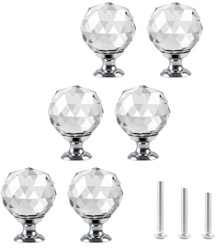 ShipeeKin 6x Kristallglas Schrankknöpfe Kommode Möbelknöpfe Kristall Rund Kugelform Möbelgriffe Möbelknauf 30mm Diamant-Stil Ziehgriffe für Kommode, Schränke, Küche, Garderobe, Badezimmer usw