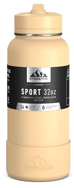 Hydrapeak 32oz Insulated Water Bottle w/Straw Lid, Keeps Cold for 24hrs, 32oz Stainless Steel Water Bottle with Straw, Matching Boot (Creamsicle)