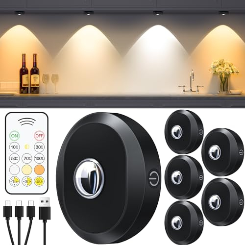 WILLED USB Aufladbar LED Spots Akku mit Fernbedienung, Rund Schrankbeleuchtung, 3 Farbtemperaturen,Dimmbar LED Spot, Kabellos Vitrinenbeleuchtung LED mit Timing Funktion(6er Pack)