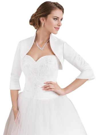 Gvnykany Fitted Wrap Bolero Style Bridal Wedding Satin with 3/4 Sleeve White XL