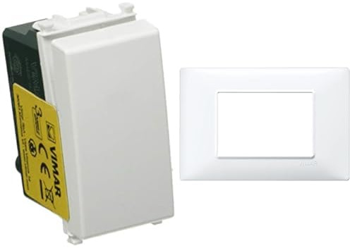 VIMAR 0R14008 Plana Pulsante 1P No 10 A 250 V, illuminabile (unità di Segnalazione Non fornita) + Vimar 14653.01 Placca 3 moduli in tecnopolimero, Bianco, ‎12 x 8 x 0.9 cm,