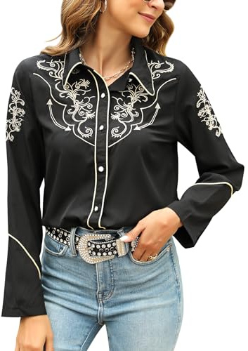 Camisas del lejano Oeste para Mujer, Vaquera, Sexy, Elegante, de Manga Larga, Bordadas, con Botones, Blusas Vaqueras para Mujer, Negro -, M
