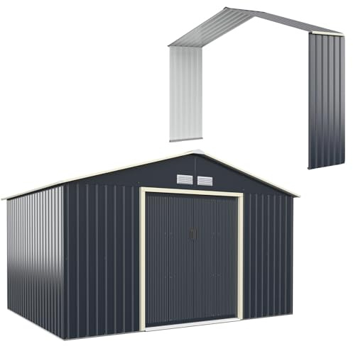HOMASIS Gerätehaus Metall, Geräteschuppen mit Satteldach & 4 Lüftungsfenster & 2 Schiebetür, Gartenhaus Gartenschuppen Gartenhütte Metallschuppen Wetterfest Outdoor, Grau (Erweitert 340x255x210cm)