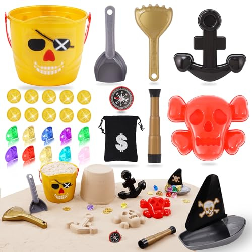 Echehi Juguetes de Playa para Niños Serie Pirata 29Piezas, Juegos Playa con Cubo, Telescopio, Brújula, Gemas, Juguetes Arena para Niños Niñas