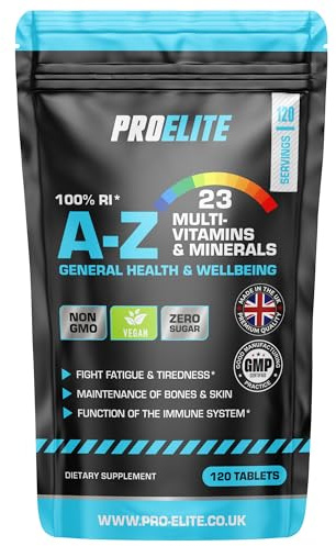 Multivitamins & Minerals - 120 Vegan Tablets - One a Day 100% RDA - 23 Essential Vitamins & Minerals in A-Z Multivitamin Tablet - Made in The UK by PROELITE