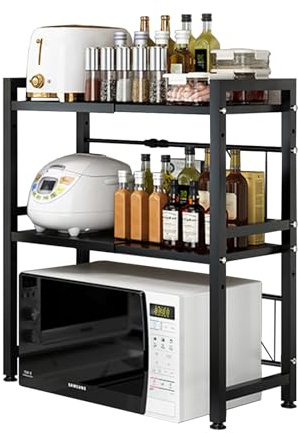 THCTYRP Mikrowellen Regal 2-Etagen, Höhenverstellbar 40-63cm Schwarz | Küchenregal Teleskopbreite mit 75 kg Tragkraft, Schwerlastregal mit Haken, Rostfrei für Küche Bad Büro
