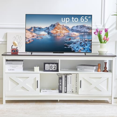 Fernsehkommode, TV Schrank für Fernseher bis zu 65 Zoll, TV Sideboard mit Steckdosen, TV Board mit Ablageschränken & offenem Regal, Landhausstil Fernseher Tisch Modern für Wohnzimmer (Schwarz)