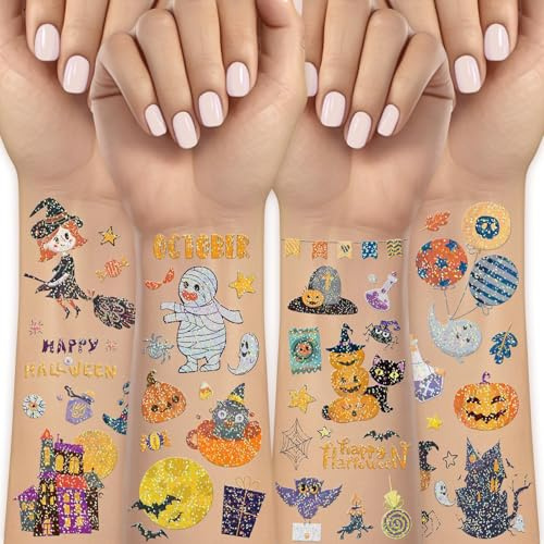 Acevegue 12 Blätter Halloween Tattoos Kinder, Glitzernde Kindertattoos Halloween Sticker Aufkleber für Kinder, Halloween Party Deko Halloween Geschenke Mitgebsel Accessoires für Kinder