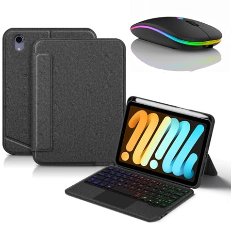 JZCZMCE Custodia con Tastiera per iPad Mini (A17 PRO) di 7a Generazione 2024, Tastiera Retroilluminati Wireless Staccabile con Supporto per Matita, Sottile Cover Folio con Mouse Bluetooth