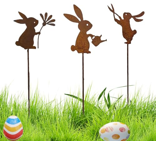 PMELCXD Gartenstecker - Osterhasen,Gartenfiguren & Gartenstatuen - Gartenzwerge für Außen, Osterhase Outdoor, Große Osterdeko für Draußen, Deko Hasen Groß, Gartenstecker Rost, Osterdeko Außen