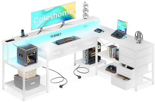 Coleshome Gaming Tisch mit 7 Schubladen & Großzügigem Stauraum, 179.5×135.5cm Eckschreibtisch mit RGB LED, Reversibler Schreibtisch L Form mit 2 Steckdosen, Ideal für Büro & Gaming, Weiß
