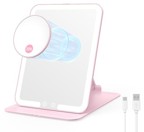 Benbilry Foldable Travel Makeup Mirror with Lights and 20X Magnification, Rechargeable Tabletop LED Vanity Mirror with Adjustable Stand, 3-Colored Dimmable Lighting, Portable Cosmetic Mirror, Pink