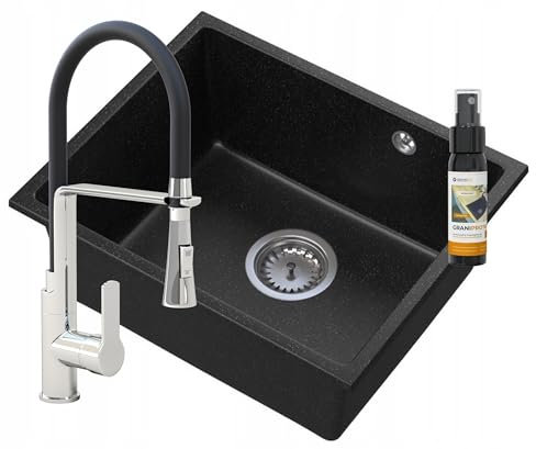 Granitan - MANADO Granit Unterbauwaschbecken Schwarz - Inklusive VEGAS Küchenarmatur Chrom - Robust & Elegant - 46x37,5 cm - Spülmaschinenkompatibel