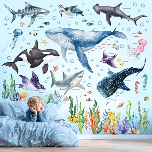 DECOWALL SG3-2430 stora väggdekaler havsdjur för barn under havet hav badrum rum fisk barnkammare dekor sköldpadda konst rum baby skal
