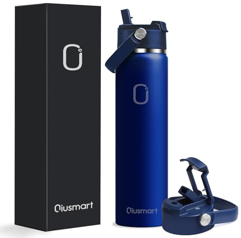 Gourde en acier inoxydable avec paille 750 ml : bouteille isotherme sous vide à double paroi anti-fuite pour le sport, les voyages, la salle de sport, sans BPA (bleu foncé)