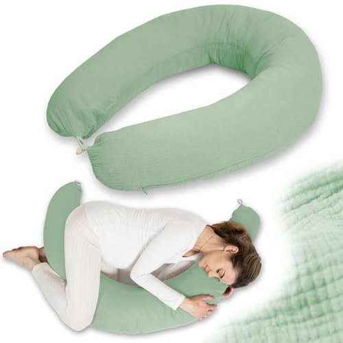 PaLulli® Cojín de lactancia ergonómico XXL, 190 x 30 cm, con funda de algodón de muselina orgánica, ideal para embarazadas y para dormir de lado, comodidad y apoyo para adultos y madres (verde)