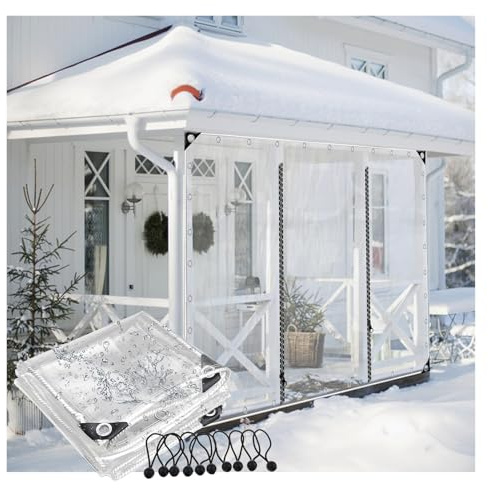 Outdoor Plane Vorhänge Transparente PVC Plane Seitenteil mit Reissverschluss Tür wasserdichte Abdeckplanen für Pergola Terrasse Veranda POCHY(5x2.5m/16.4x8.2ft)