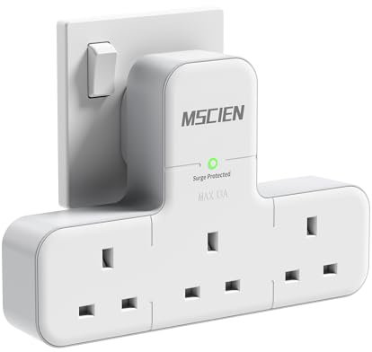 Multi Plug Adapter, Mscien 3 Way UK Plug Extension Socket with 315 Degree Rotation, Wall Power Strip Surge Protector Extender without Cable Plug Adaptor For Home, Office, Dorm