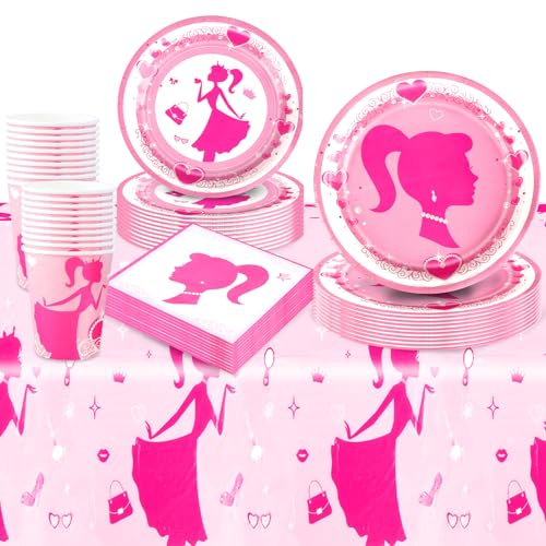 81Pcs Birthday Decorations, Princess Party Decorations Kids' Party Tableware Set,Pink Birthday Party Plates Cups and Napkins Tablecloth 20 Guests