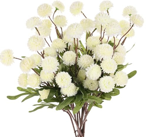 M METERXITY 12-Pack Artificial Chrysanthemum Ball Flowers 20 inch, White | Faux Chrysanthemum, Real Touch Faux Flowers, Silk Bouquets, 5-heads, for Home, Wedding, Christmas, Party