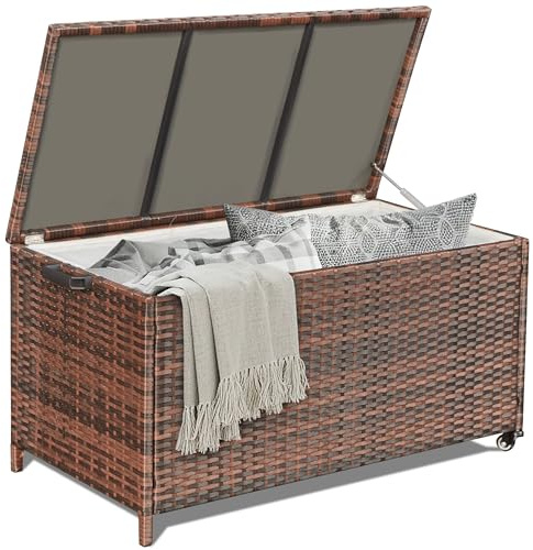 AVAWING 70 Gallon Wicker Deck Box, Outdoor Storage Container with 2 Universal Wheels & Hinged Lid, Patio Rattan Furniture for Garden Tools, Pillows, Pool, Brown