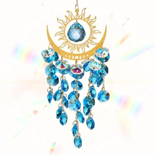 Sun and Moon Suncatcher Crystal Wind Chimes for Windows Outdoors(Blue) | Stained Glass Window Hangings Prisms Garden Backyard Ceiling Room Decor Boho Wind Chimes Light Catcher Garden Decor