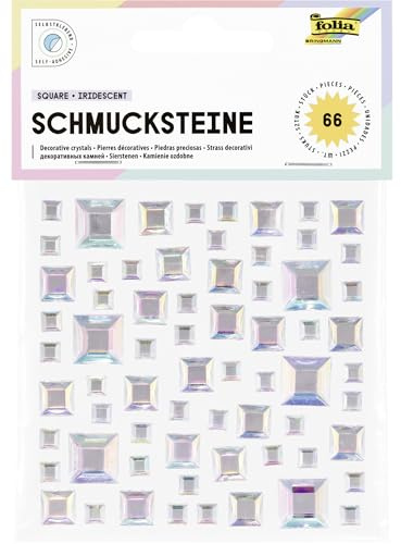 folia 12316 - Schmucksteine SQUARE IRIDESCENT, 67 quadratische Glitzersteine in irisierend-schillernd, Aufkleber in 3 Größen, selbstklebend, zum Verzieren und Dekorieren
