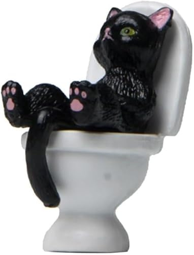 Opemg Chat noir sur toilettes Ornements paysager Décoration de jardin Mini statue de chat Accessoires maison de bureau Modèle de maison Figurine de chat Miniatures de jardin