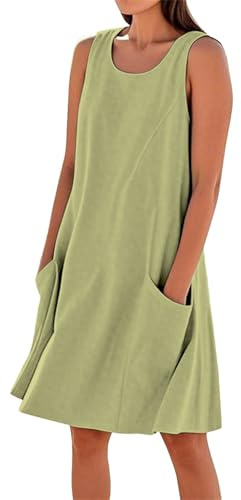 Vestiti Estivi Senza Maniche Donna Cotone Leggero Lino,Colore Puro Abiti Curvy Eleganti Abito Casual Elastica Abiti al Ginocchio Larghe Abito da Spiaggia Mini Dress con Tasche Vestito Lino Donna