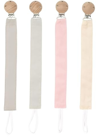 KOMUNJ 4 Stück Schnullerband, Schnullerband aus Stoff, Extra Weich Stoffband mit Holzclip, Schnullerkette Junge, Schnullerkette Mädchen, Schnullerclip für Neugeborene