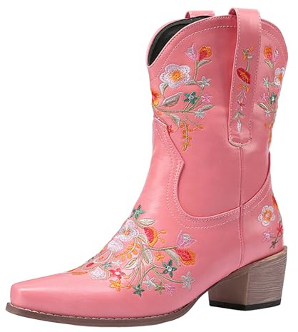 Xbemkste cowboystövlar dam läder blommönster broderi västerländska stövlar halvskaft damstövlar slip-in medelhöga stövlar traditionella stövlar vintage ankelstövlar, ROSA, 38.5 EU