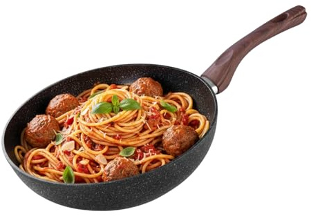 MAGIC HOME Wokpfanne 28 cm INDUKTION | Marmor Antihaft WOK Pfanne | Beschichtete Induktionspfanne | Pan für Alle Herdarten, Induktionsherd | mit Ergonomischer Griff in Holzoptik | Black Marble Line