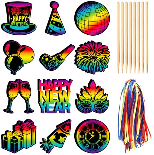 36 Stück Silvester Spiele Kratzbilder,Glücksschwein Kleeblatt Kratzpapier Silvester,Silvester Kratzbilder,Happy New Year Kratzpapier Feuerwerk,Glücksbringer 2026,Silvester Basteln und Zeichnen