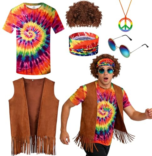 AOMAIGAD Hippie kostym för män, 60-, 70-, 80-tal, hippiedräkt, ärmlös brun väst+peruk, glasögon + halsband, pannband, perfekt för retrofest, karneval, halloween (L)